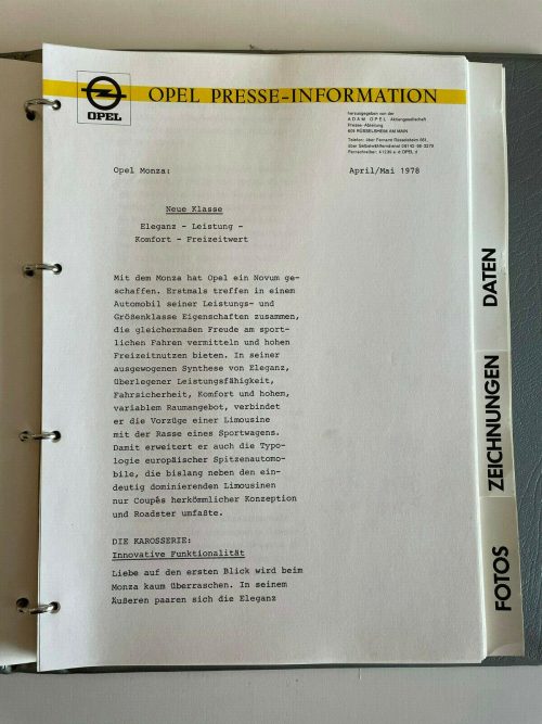 ORIGINAL OPEL Broschüre+Werksfotos extr. seltene Pressemappe Monza A Senator A