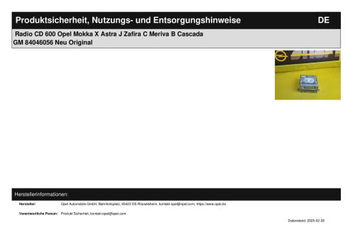 Radio CD 600 Opel Produktsicherheit