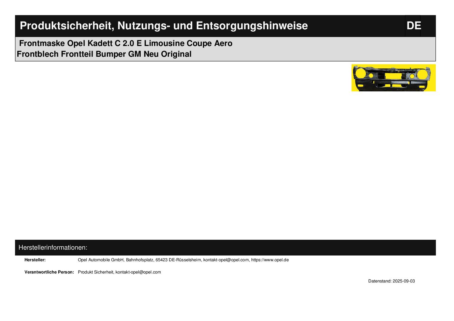 ID_119540_orig-1.jpg Frontmaske Opel Kadett C 2.0 E Limousine Coupe Aero Frontblech Frontteil Bumper GM Neu Original