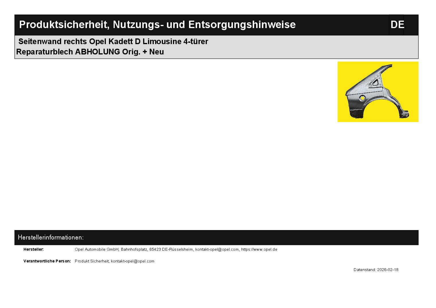 ID_131787_orig.jpg Seitenwand rechts Opel Kadett D Limousine 4-türer Reparaturblech ABHOLUNG Orig. + Neu